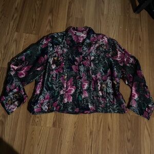 Chicos Vintage Metallic Floral‎ Long Sleeve Button Up Top Size 3 Retro 80’s